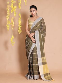 CHARUKRITI - Moss Green Cotton Handwoven Striped Designs Saree with Unstitched Blouse