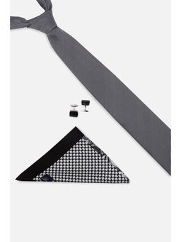 Louis Philippe - Men Grey Textured Tie & Pocket Square with Cufflink