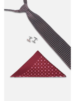 Louis Philippe - Men Maroon Textured Tie & Pocket Square with Cufflink