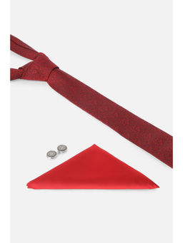 Peter England - Men Red Floral Tie & Pocket Square with Cufflink