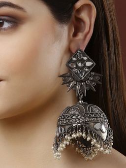Moedbuille - Mirrors & Pearls Antique Tasselled Design Oxidised Silver Plated Handcrafted Jhumkas
