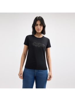 Pepe Jeans - Women Black Embellished Short Sleeve T-Shirt