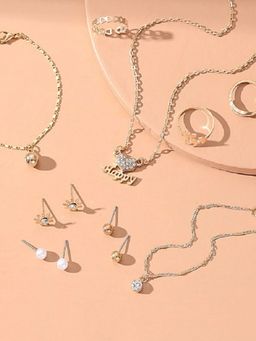 OOMPH - Gold Tone Combo of 9 Gold Tone Delicate Pendant, Stud Earrings, Ring & Bracelet