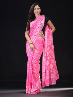 Beatitude - Pink Cotton Silk Woven Jacquard Jamdani Saree with Unstitched Blouse