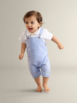 My Milestones - White and Blue Pure Cotton Brooks Oxford Chambray Dungarees(Set of 2)