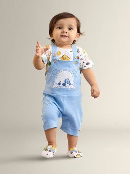 My Milestones - White and Blue Dog Applique Dungarees(Set of 2)