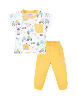 My Milestones - White and Yellow Barnyard Printed Tee With Relaxed Fit Joggers(Set of 2)