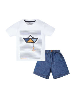My Milestones - White and Blue Puff Print Baby Boy Round Neck Tee with Denim Shorts(Set of 2)