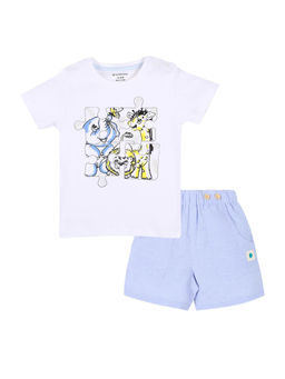 My Milestones - White and Blue Printed Baby Boy Round Neck Tee with Chambray Shorts(Set of 2)