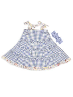 My Milestones - Blue Gingham Tiered Dress With Hairband(Set of 2)