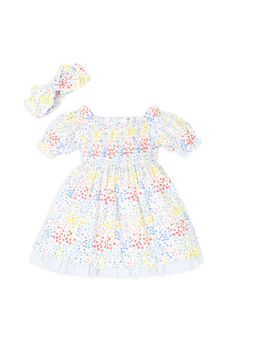 My Milestones - Multicolor Ditsy Printed Puff Sleeves Dress With Hairband(Set of 2)