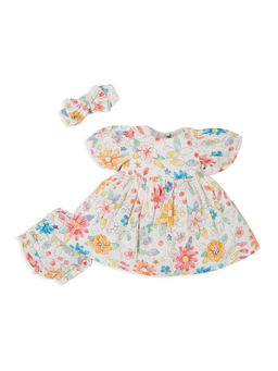 My Milestones - Floral Printed Puff Sleeves Dress With Bloomers & Hairband(Set of 3)