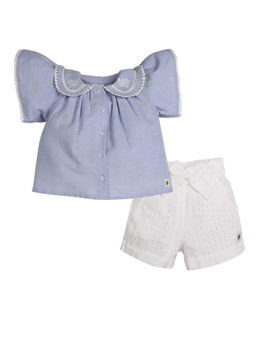 My Milestones - Blue & White Pure Cotton Chambray Top and Eyelet Shorts Set(Set of 2)