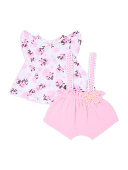 My Milestones - White & Pink Printed Short Sleeves Top & Suspender Shorts(Set of 2)