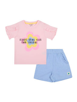 My Milestones - Pink and Blue Printed Ruffle Sleeves Tee With Chambray Short(Set of 2)