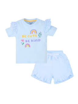 My Milestones - Blue Baby Girl Puff Print Round Neck Tee With Schiffli Details Shorts(Set of 2)