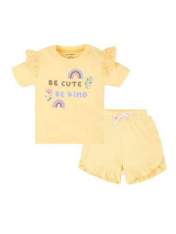 My Milestones - Yellow Puff Print Round Neck Tee With Schiffli Details Shorts for Baby Girl(Set of 2)