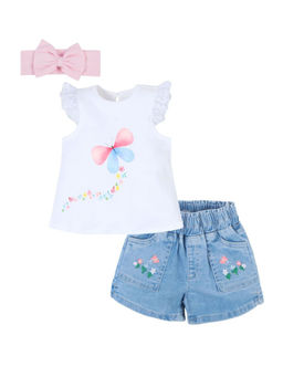 My Milestones - White and Blue Butterfly Print Tee With Denim Shorts & Hairband(Set of 3)