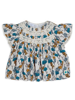 My Milestones - Beige and Blue Willow Short Sleeves Crochet Lace Detail Top