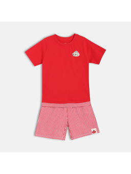 MINI KLUB - Red Cotton Half Sleeve Striped T-Shirt & Shorts (Set of 2)