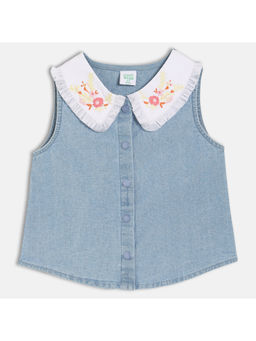 MINI KLUB - Blue Cotton Floral Embroidered Woven Top