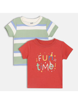 MINI KLUB - Red & Grey Cotton Striped & Text Printed T-Shirts (Pack of 2)