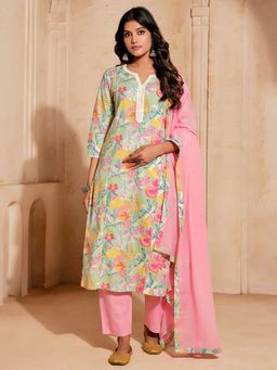Jaipur Kurti - Floral A-Line Pure Cotton Kurta & Pant with Dupatta (Set of 3)