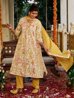 Jaipur Kurti - Floral A-Line Pure Cotton Kurta & Pant with Dupatta (Set of 3)