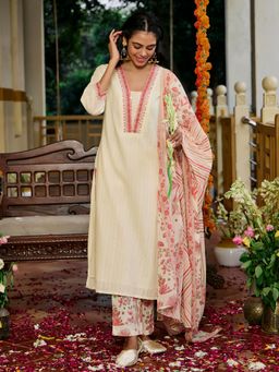 Jaipur Kurti - Printed A-Line Cotton Blend Kurta & Pant with Dupatta (Set of 3)