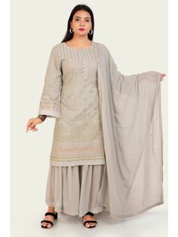 Cotton Culture - Gray Georgette Straight Embroidered Kurta & Sharara with Dupatta (Set of 3)