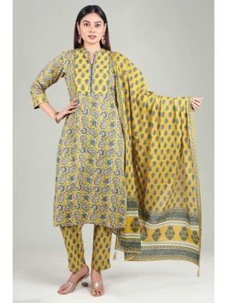 Cotton Culture - Mustard Cotton A Line Printed Kurta & Pant with Dupatta (Set of 3)