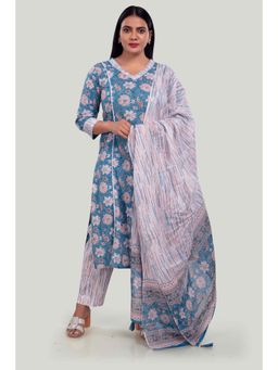 Cotton Culture - Sky Blue Cotton Printed A Line Kurta & Pant with Dupatta (Set of 3)