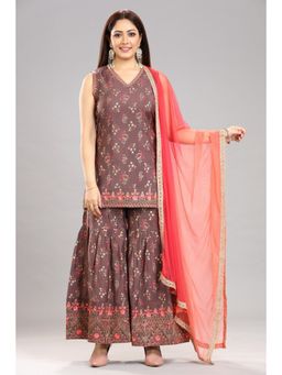 Cotton Culture - Brown Poly Silk Straight Embroidered Kurta & Sharara with Dupatta (Set of 3)