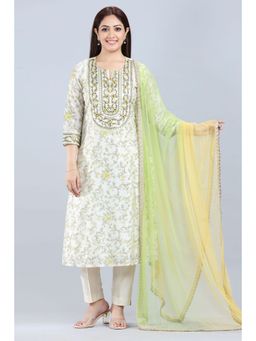 Cotton Culture - Off White Straight Embroidered Kurta & Pant with Dupatta (Set of 3)
