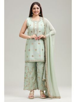 Cotton Culture - Pastel Green Straight Embroidered Kurta & Palazzo with Dupatta (Set of 3)