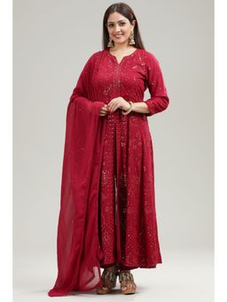 Cotton Culture - Maroon Georgette Anarkali Embroidered Kurta & Pant with Dupatta (Set of 3)