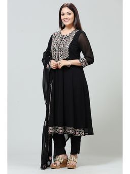 Cotton Culture - Black Georgette A Line Embroidered Kurta & Pant with Dupatta (Set of 3)