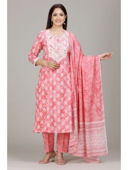 Cotton Culture - Peach Jaipuri Cotton Straight Embroidered Kurta & Pant with Dupatta (Set of 3)