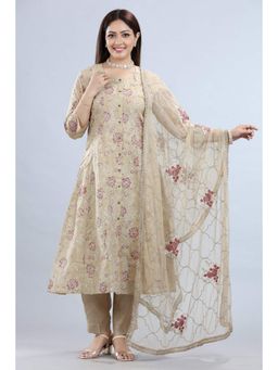 Cotton Culture - Beige Chanderi A-Line Kurta & Pant with Dupatta (Set of 3)