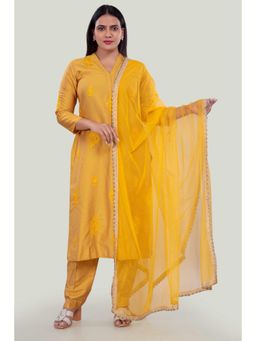 Cotton Culture - Yellow PolySilk Straight Embroidered Kurta & Pant with Dupatta (Set of 3)