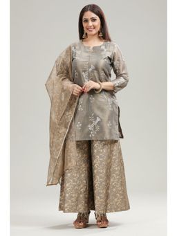Cotton Culture - Plaster Brown Banarasi Tissue Straight kurta & Palazzo with Dupatta (Set of 3)