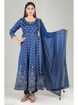 Cotton Culture - Blue Cotton Flared Printed Kurta & Pant with Dupatta (Set of 3)