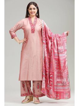 Cotton Culture - Baby Pink PolySilk A Line Embroidered Kurta & Pant with Dupatta (Set of 3)