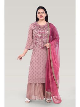 Cotton Culture - Wine Georgette Straight Embroidered Kurta & Palazzo with Dupatta (Set of 3)