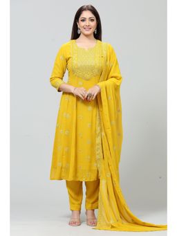 Cotton Culture - Yellow Georgette A Line Embroidered Kurta & Pant with Dupatta (Set of 3)