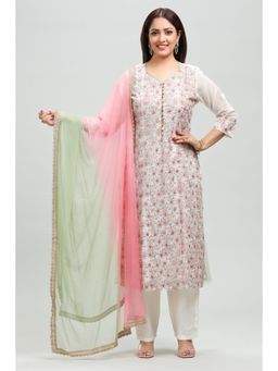 Cotton Culture - Off White Chanderi Straight Embroidered Kurta & Pant with Dupatta (Set of 3)