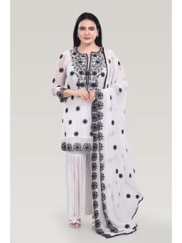 Cotton Culture - White Georgette Straight Embroidered Kurta & Sharara with Dupatta (Set of 3)