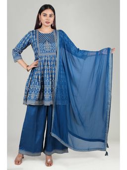 Cotton Culture - Indigo Blue Cotton Flared Printed Kurta & Palazzo with Dupatta (Set of 3)