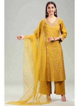 Cotton Culture - Mustard PolySilk A Line Embroidered Kurta & Pant with Dupatta (Set of 3)