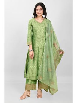 Cotton Culture - Green PolySilk A Line Printed Kurta & Pant with Dupatta (Set of 3)